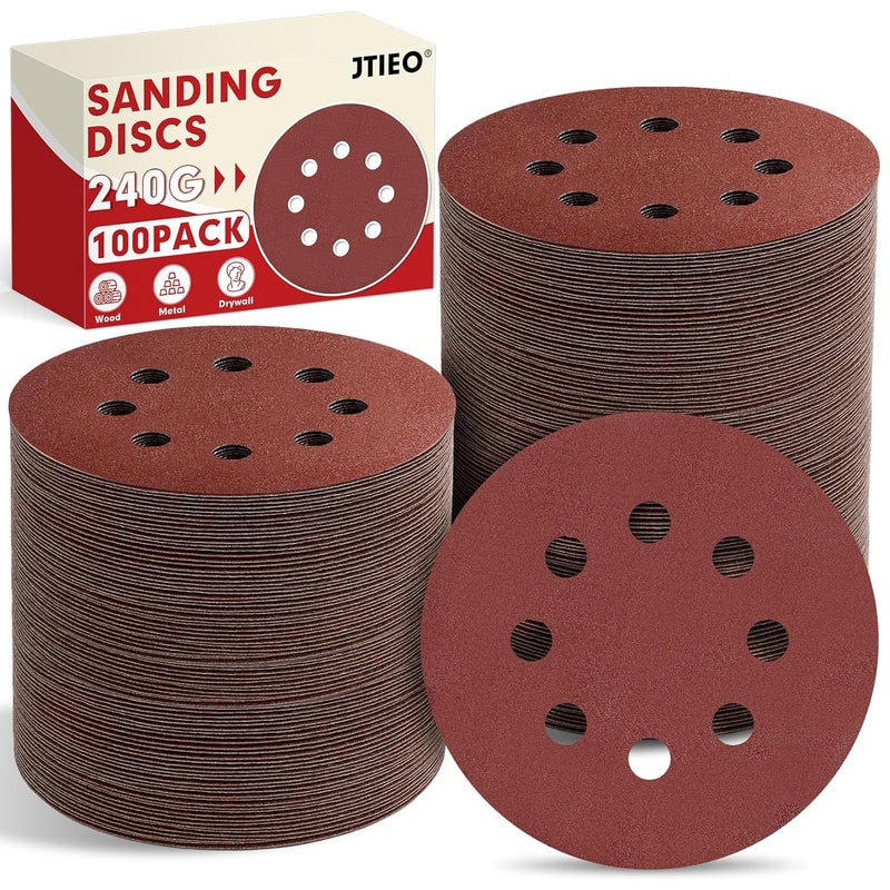 JTIEO 100PCS Sanding Discs 5 Inch, 220 Grit Orbital Sander Pads, Hook & Loop Sandpaper Pads, 8 Hole Round Sanding Discs for Random Orbital Sanders - Image 1